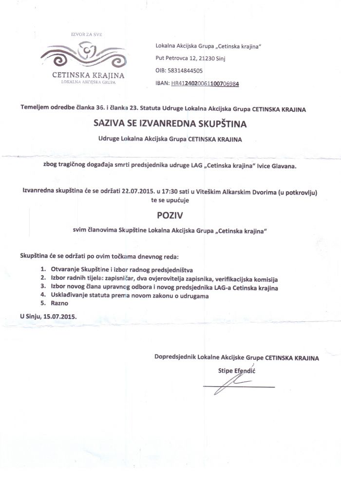 Izvanredna skupština - 22.07.2015 - Poziv